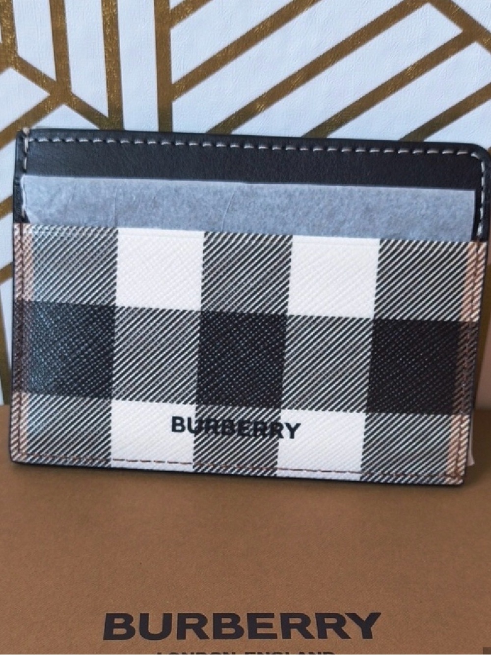 Burberry Black and White Check Card Holder with Tan Accents